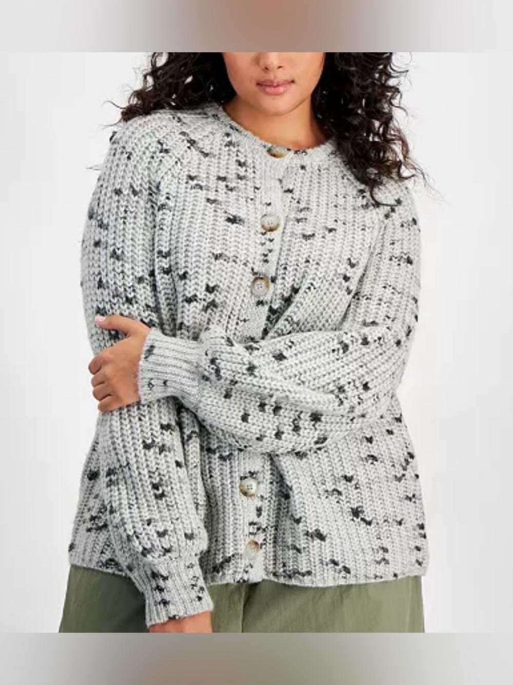 Women’s Gray Speckled Chunky Knit Cardigan Sweater Large Business Work Preppy